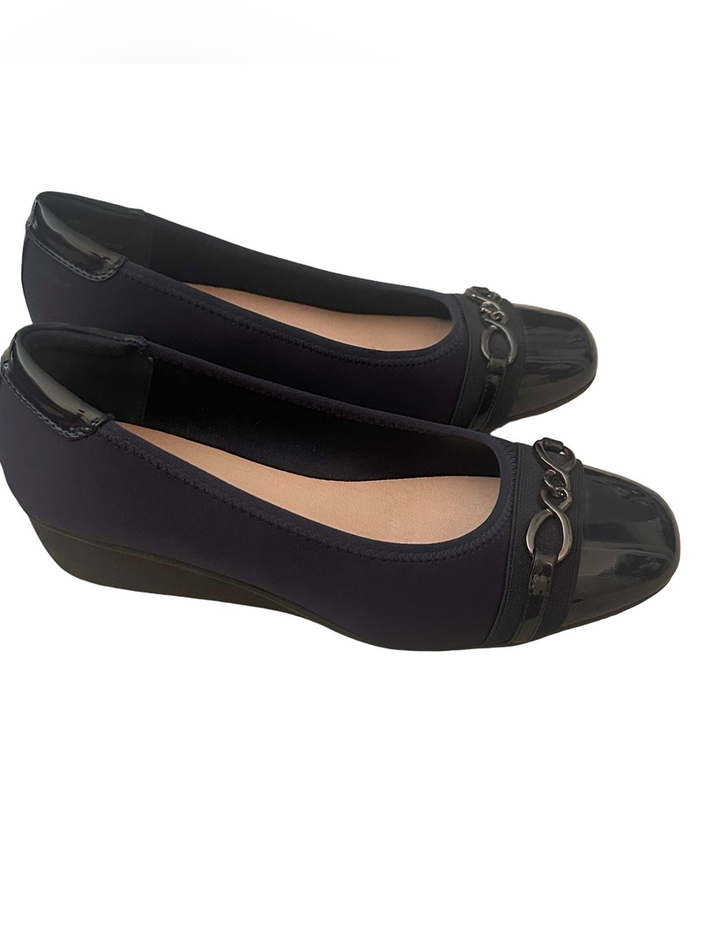 NWOB Lauren Blakwell "Kit" Navy Blue with Black Cap Toe Low Wedge Dress Pump